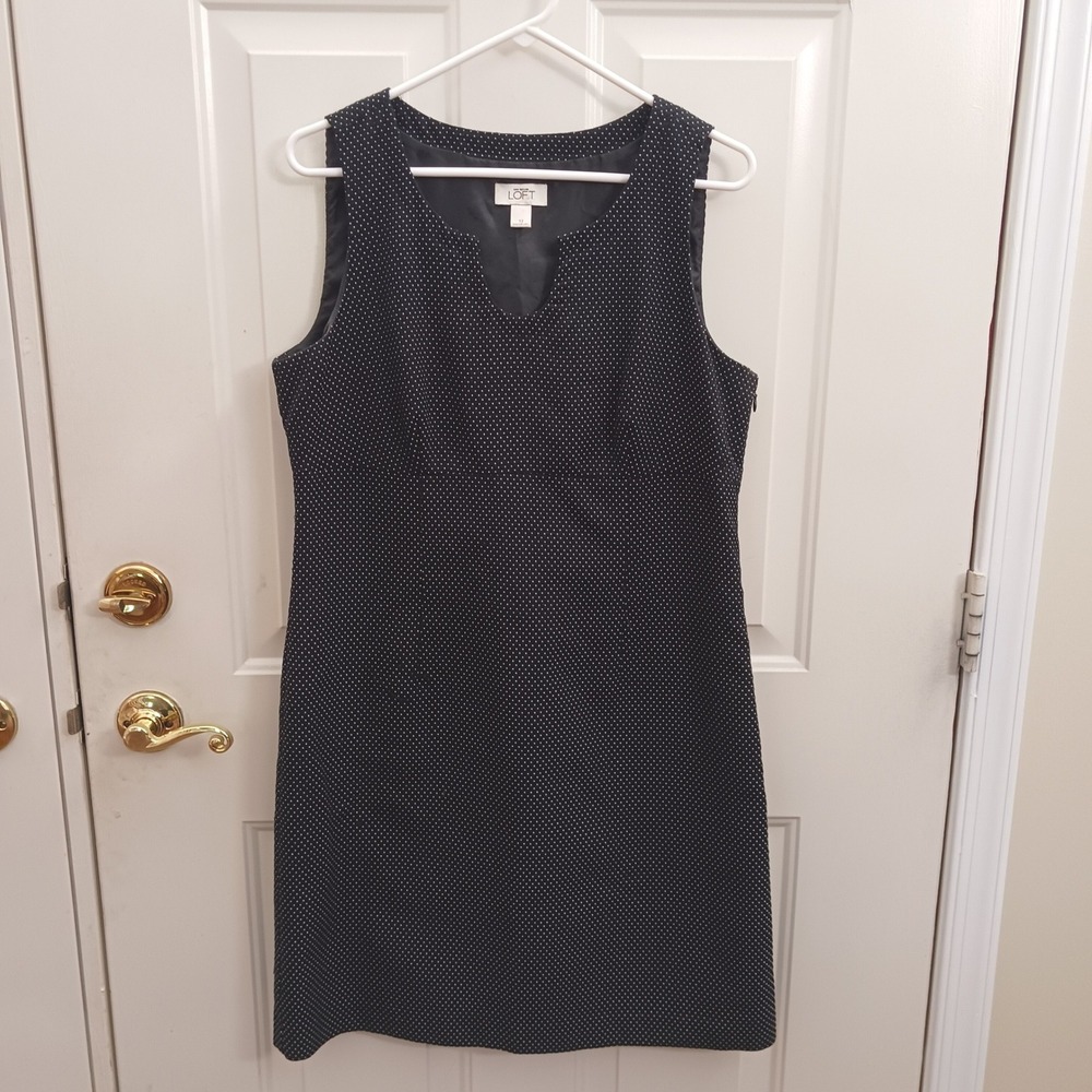 Ann Taylor LOFT Black White Polka Dot Sleeveless Shift Dress Notch Neck Size 12
